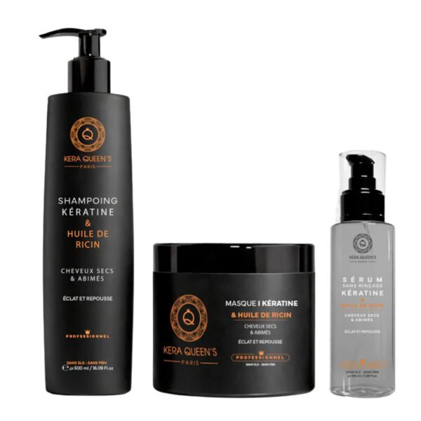 Kit Trio Rituel Kératine & Huile de Ricin Kera Queen's – 500 ml + 500 ml + 100 ml