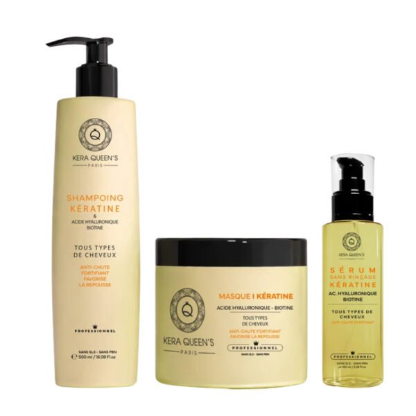 Kit Trio Rituel Kératine, Biotine & Acide Hyaluronique Kera Queen's – 500 ml + 500 ml + 100 ml